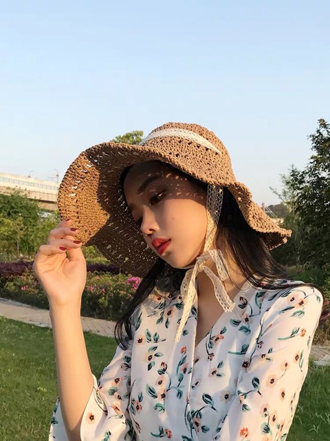 Mũ cói dây ruy băng thắt nơ - Maben