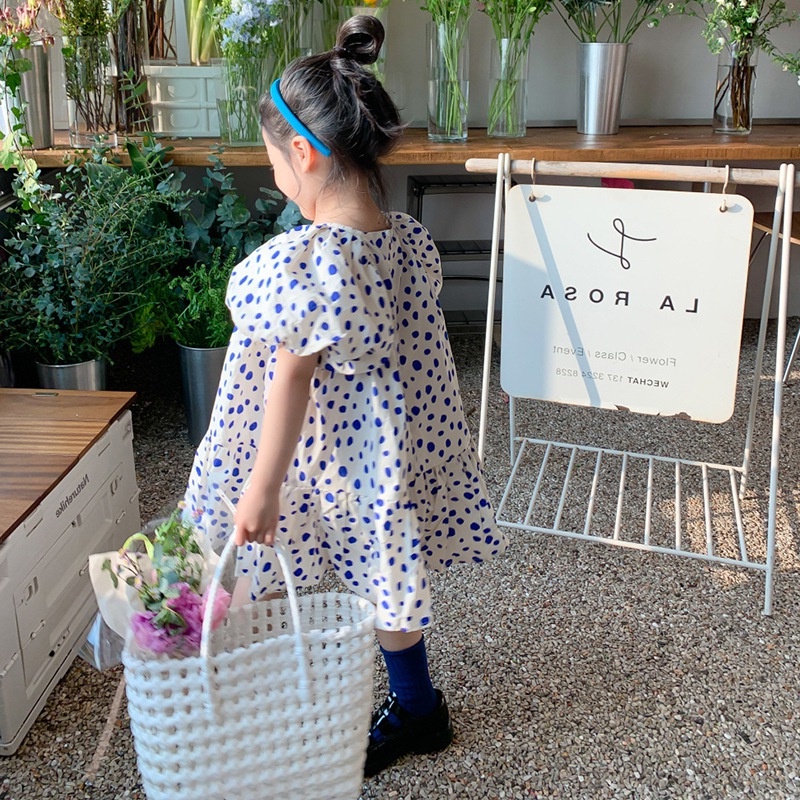 Đầm Công Chúa Tay Phồng Cổ Tròn Họa Tiết Chấm Bi Màu Trắng Xanh Dương Phong Cách Phương Tây Dễ Thương Thời Trang Mùa Hè Cho Bé Gái