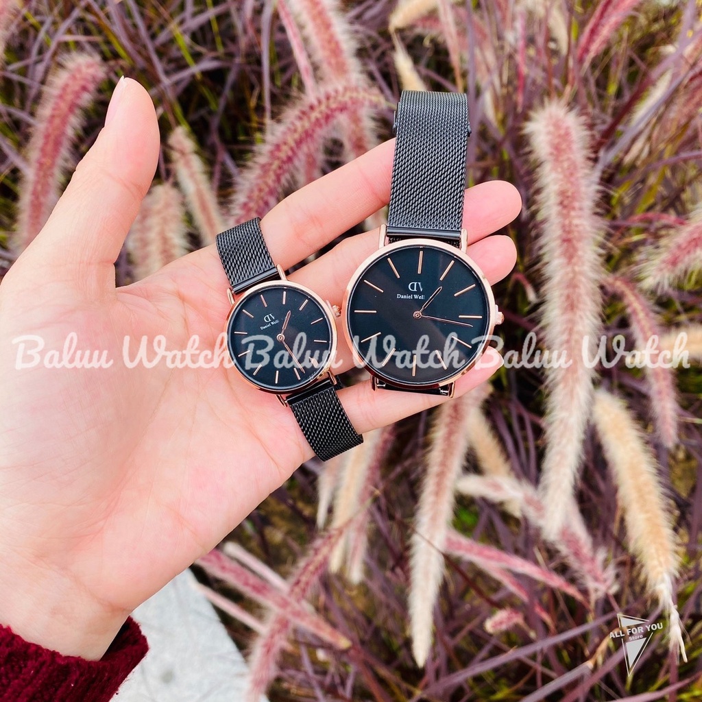 Đồng hồ nam nữ DVV full thép không rỉ - thép đen mặt đen viền vàng