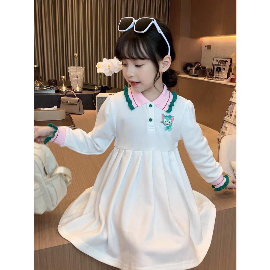 Váy thu đông cho bé gái, váy cổ polo vải cá sấu họa tiết mèo xanh 3D ống tay bo dệt xịn xò cho bé 10-30kg