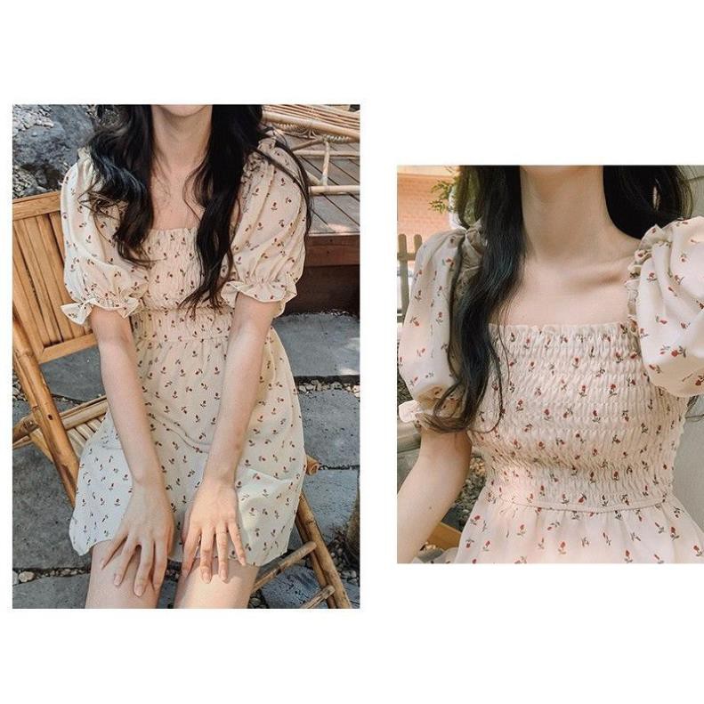 ĐẦM LỤA CỔ VUÔNG HỌA TIẾT HOA XINH DÀY DẶN [DRESS] ⚡Váy Hoa Nhí Nhún Ngực Hàn Quốc đẹp