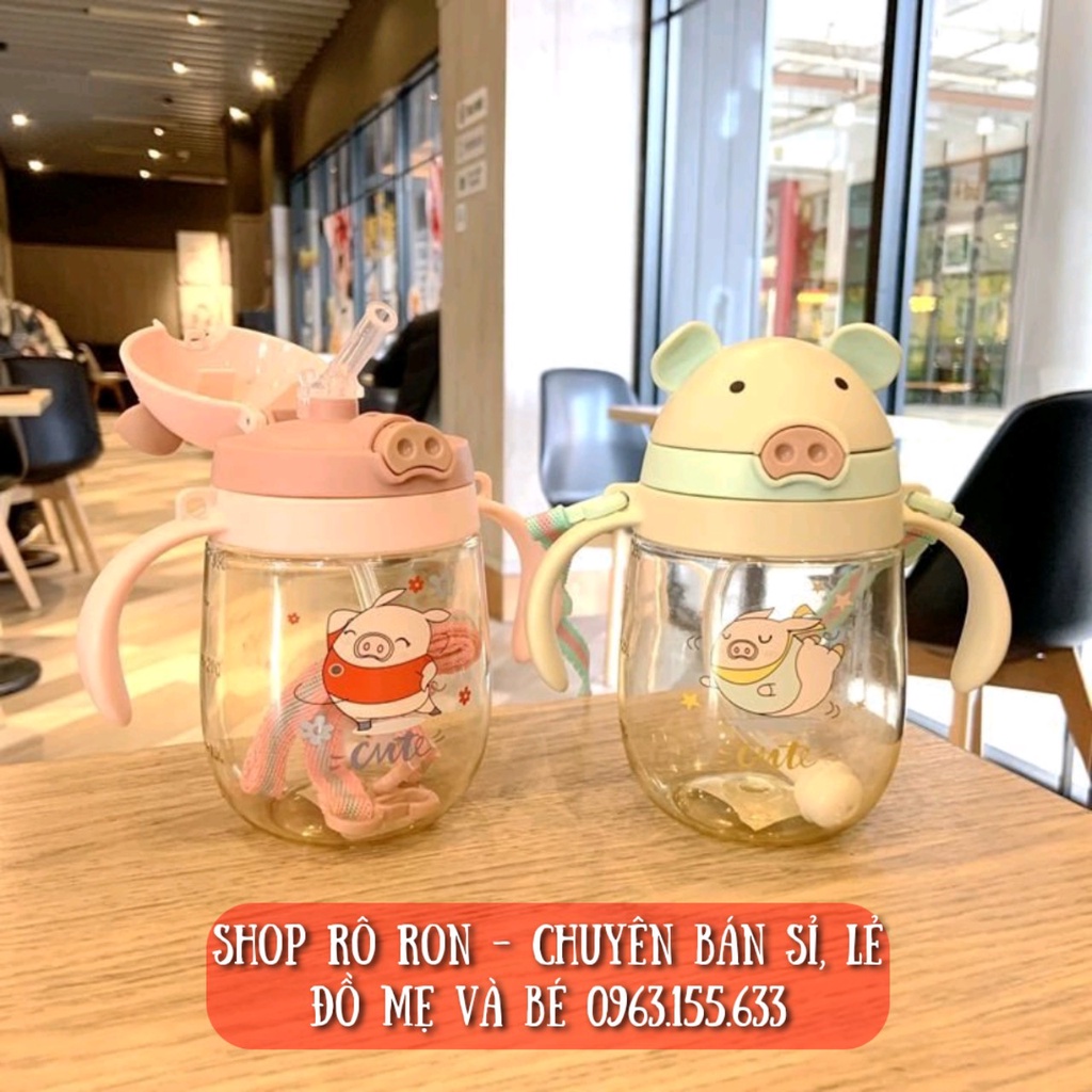 [Tặng kèm dây đeo] Bình nước chống sặc - Bình tập uống cho bé hình Lợn con [415ml] - Shop Rô Ron