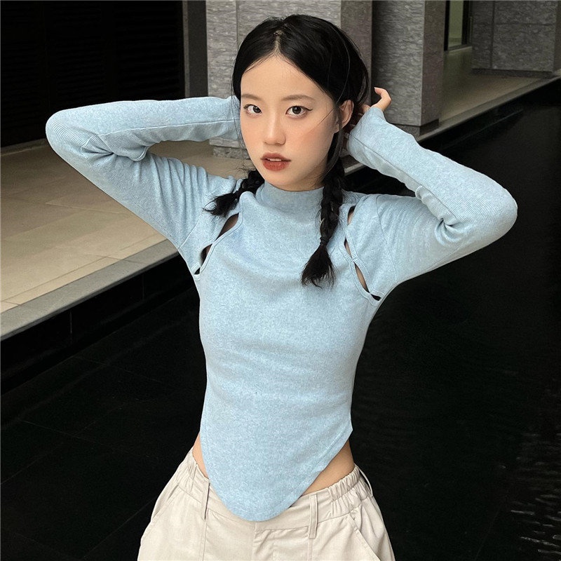 Áo Thun Tay Dài Cổ Lọ Dáng Ôm Màu Trơn Khoét Lỗ Thời Trang 2022 Cho Nữ