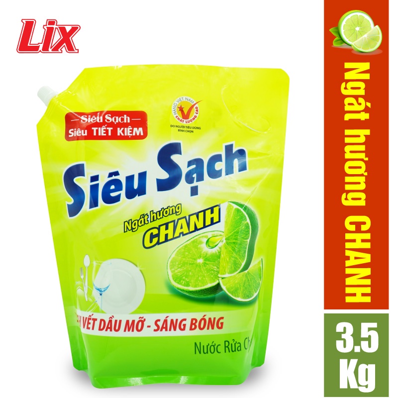 Nước rửa chén LIX 3.5KG siêu sạch hương chanh loại túi N4301 làm sạch vết bẩn dầu mỡ không hại da tay