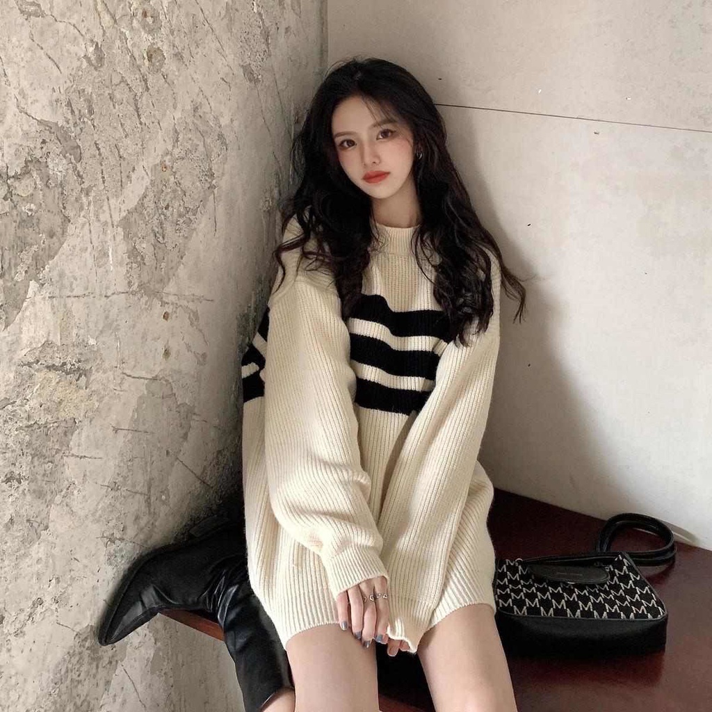 QADCOL Áo sweater chui đầu cỡ lớn kẻ sọc màu sắc tương phản cho bạn nữ