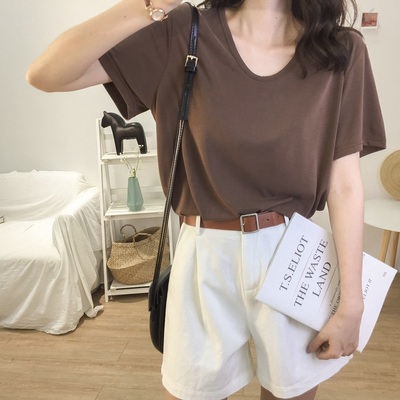 Áo thun nữ ngắn tay cổ chữ V màu trơn thời trang Hàn Quốc