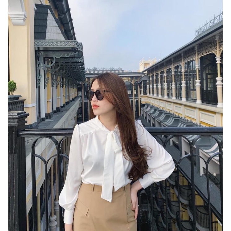 ⚡️BÁN SỈ⚡️Áo sơmi cổ nơ lụa satin trắng