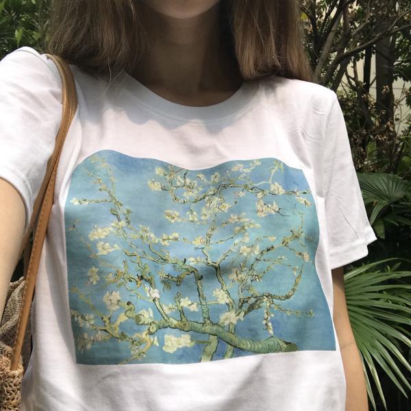 Van Gogh Hoa Hạnh Nhân Tranh Sơn Dầu Áo Thun Nữ Tumblr Thời Trang Grunge Thẩm Mỹ In Tee Vintage Dễ Thương Áo Trắng
