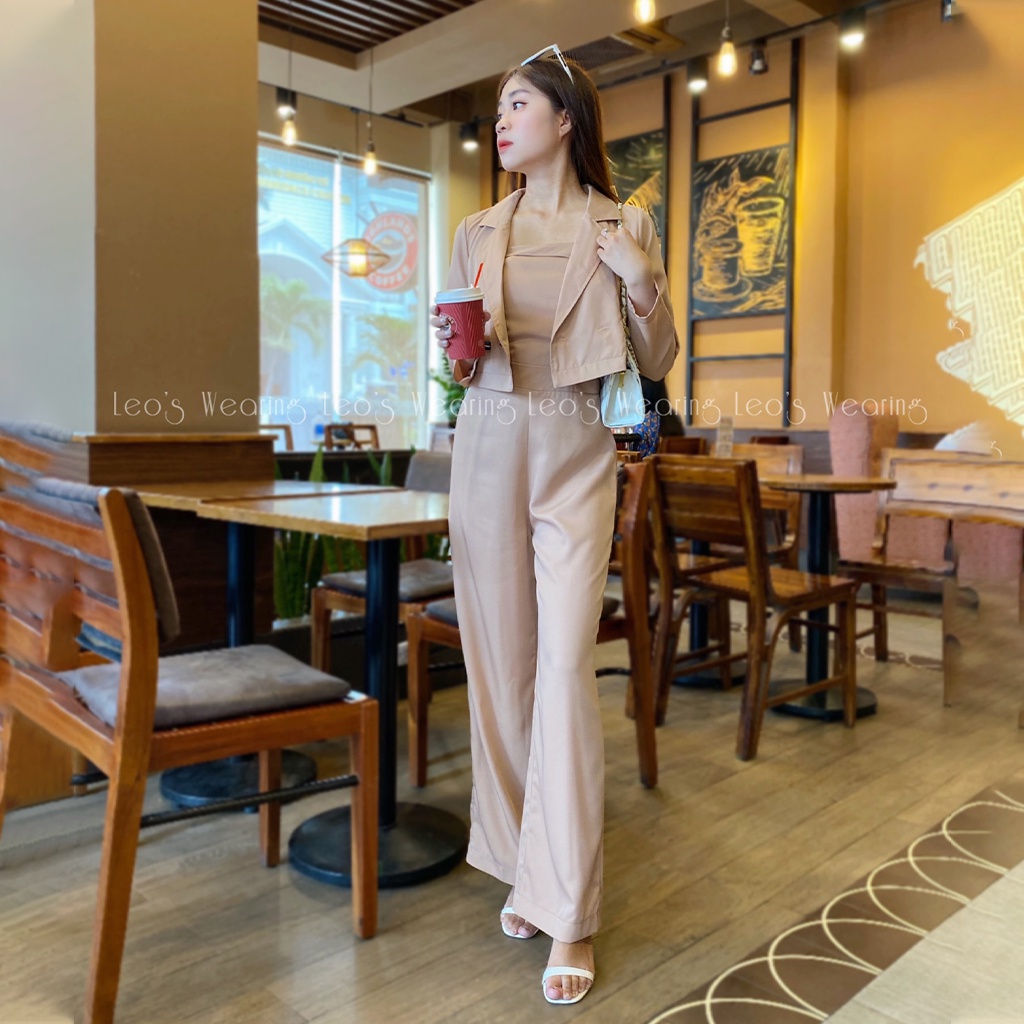 Bộ Jumsuit áo 2 dây liền quần ống rộng kèm áo khoác màu nâu LEOSWEARING Chất lụa trượt mềm mặc văn phòng đi tiệc H94