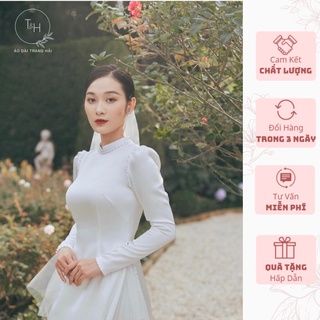 Áo dài dâu trắng, Áo dài lụa tay bồng cổ cao 2cm đính hạt viền cổ và tay