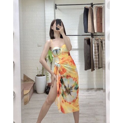 Bikini 1 mảnh liền có gọng, bộ bơi đi biển nữ kèm khăn buộc hông, họa tiết loang vàng, Bikini191