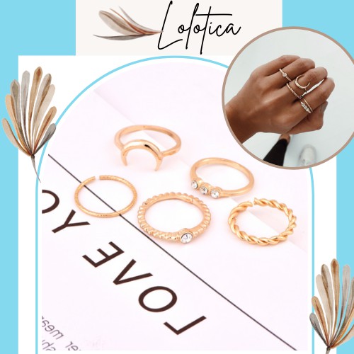 Nhẫn set 5 chiếc mặt hình trăng khuyết đính đá cho nam nữ - phụ kiện đeo tay rings bohomian unisex - Lolotica