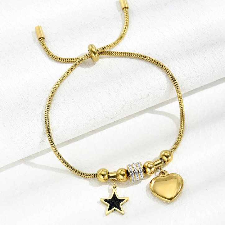 Lắc Tay Dây Rút Mặt Trái Tim Và Ngôi Sao Titan Ko Đen TT 4168