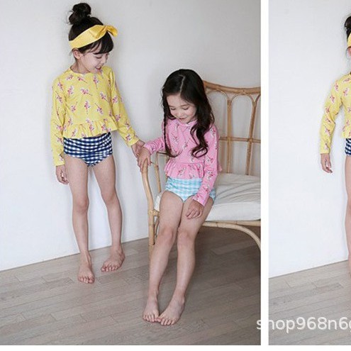 Bộ Bơi Áo Tay Dài Bikini Rời Kèm Nón Xinh Xắn Cho Bé Gái