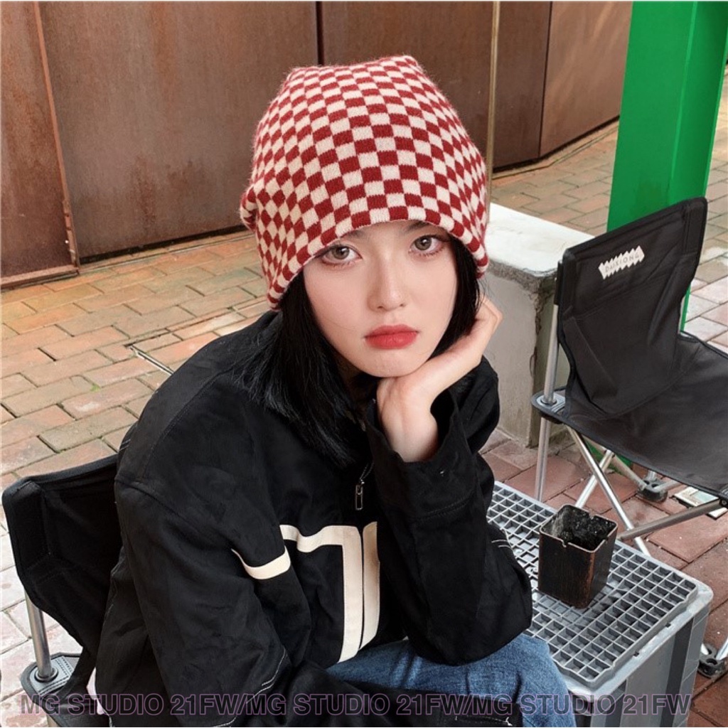 Nón đan len MG STUDIO hoạ tiết kẻ ô cá tính 6 màu thời trang