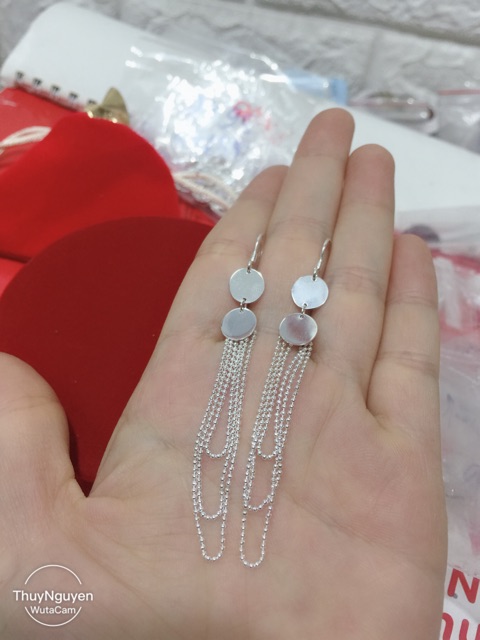 Khuyên tai móc treo 2 hình tròn 3 vòng bi tua rua dài bạc chuẩn