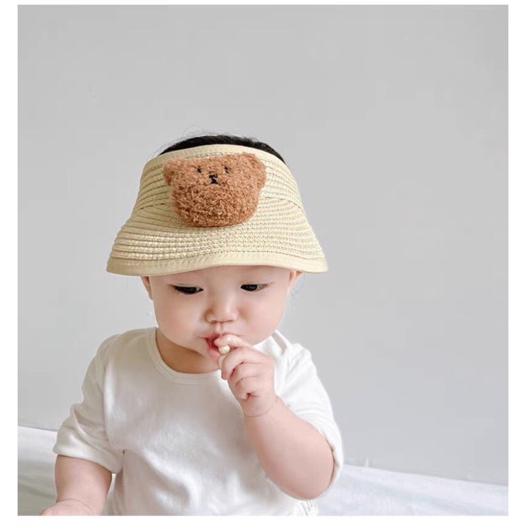Mũ cói nửa đầu đính gấu cute cho bé 1-4 tuổi dễ gấp gọn MB21