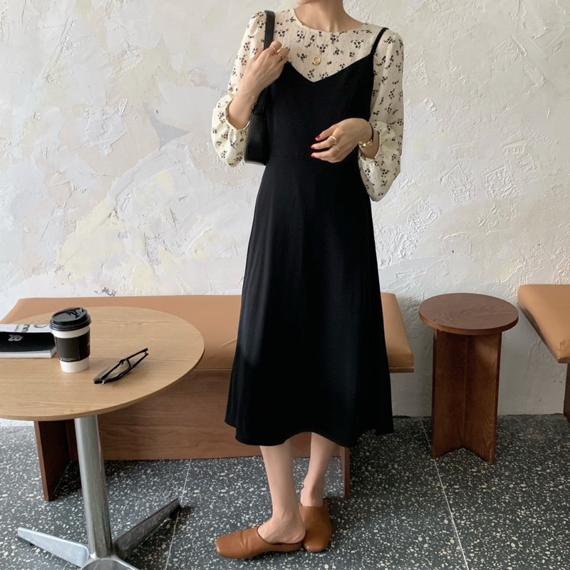 Set Vintage Áo Hoa Nhí Phối Váy Yếm  Dáng Dài 2 Màu Có Ảnh Thật
