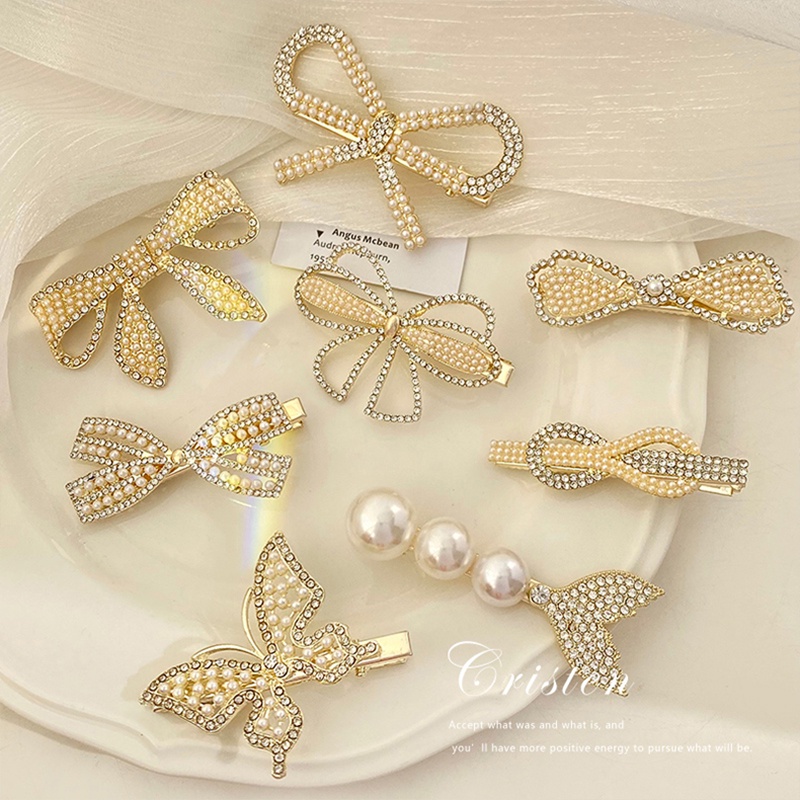 Kẹp Tóc Hình Nơ / Trái Tim / Cá Đính Ngọc Trai Thanh Lịch Cho Nữ