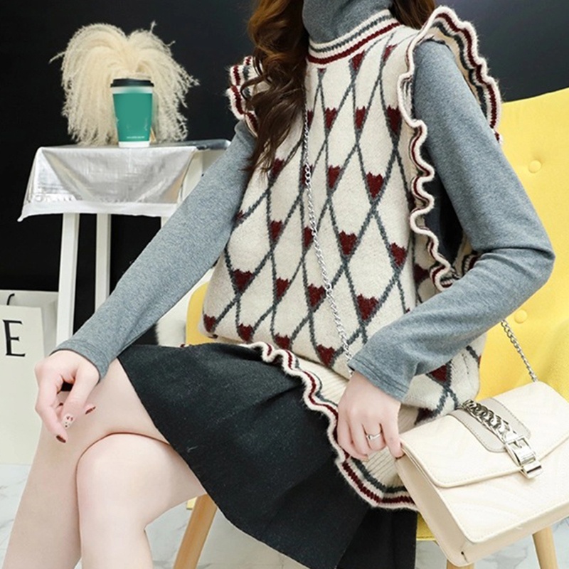 Áo Sweater Dệt Kim Sát Nách Dáng Rộng Họa Tiết Kẻ Sọc Phối Bèo Dễ Thương Cho Nữ