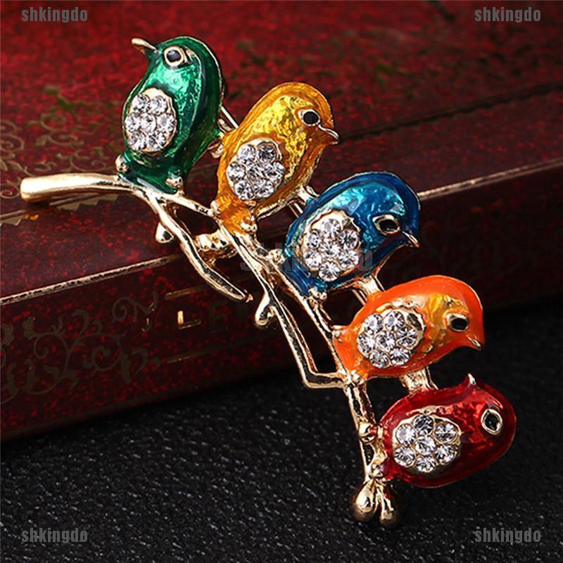 THINH Huy Hiệu Cài Áo Hình Chim Tráng Men 5 Ngăn Đính Đá Pha Lê