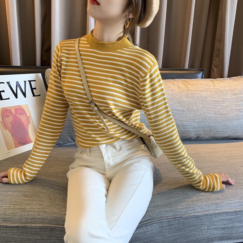 Áo len nữ Áo len tay dài kẻ sọc cao cổ thời trang Hàn Quốc sang chảnh dễ mix siêu xinh đẹp Hot nhất 2021 K4-D6 | BigBuy360 - bigbuy360.vn