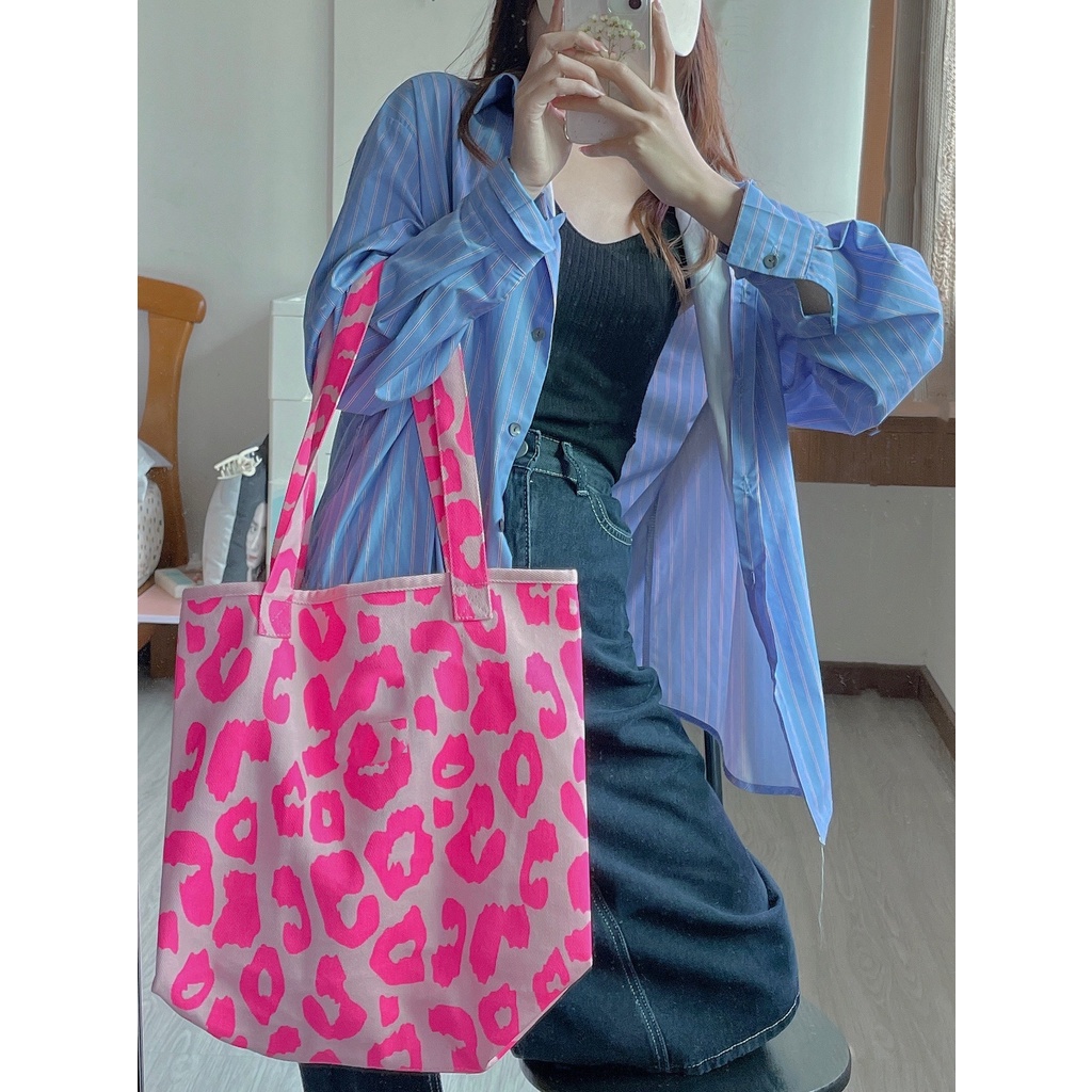 Túi Xách canvas Sức Chứa Lớn In Họa Tiết Da Báo Hồng Phong Cách Hàn Quốc Hàng Mới 2022 Dành Cho Nữ