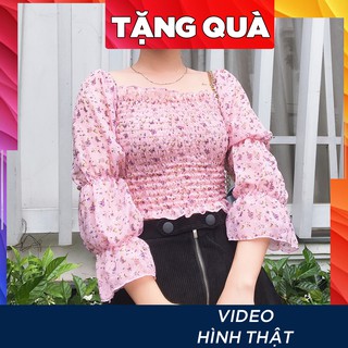 Áo kiểu croptop bệt trễ vai tay dài phồng nhún bo chun vải voan họa tiết hoa nhí màu đỏ - hồng - vàng - xanh