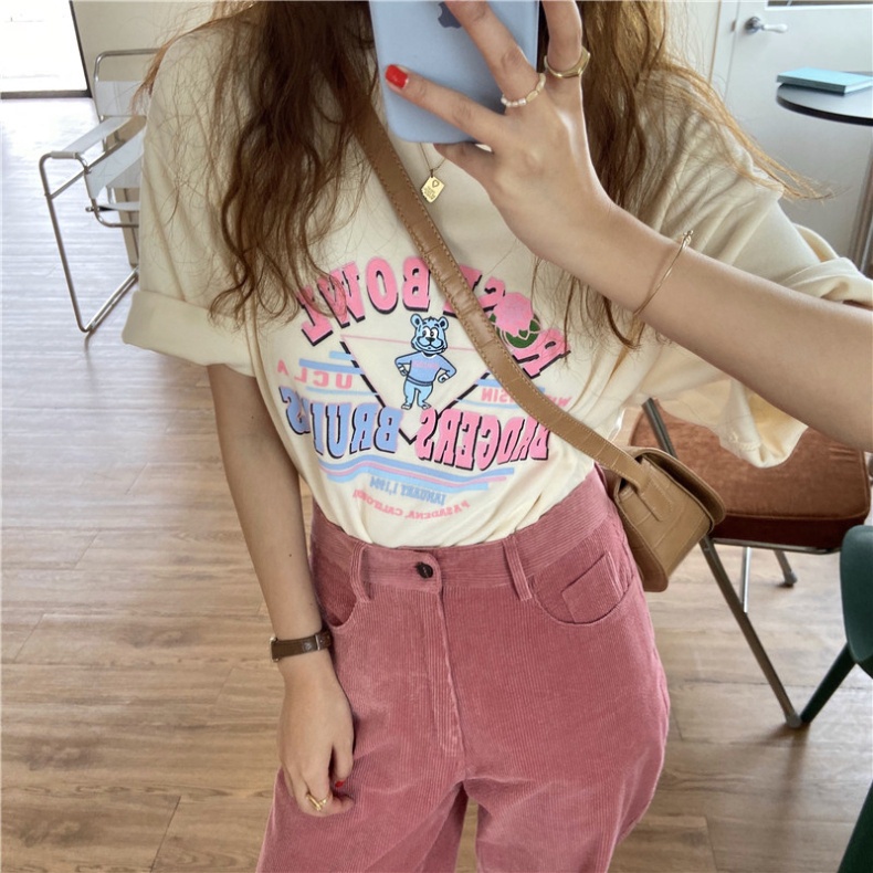 Áo thun nữ tay ngắn cổ tròn in chữ thời trang mùa hè phong cách Hàn Quốc