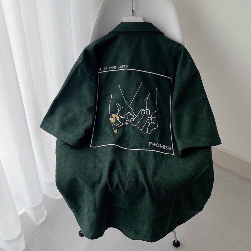 Áo SơMi Tay Ngắn Xanh Két Chữ Thêu Simple Thing