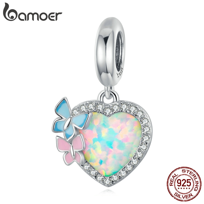 Hạt trang sức Bamoer SCC2101 bạc 925 hình trái tim bướm đính đá opal thời trang tự làm vòng tay