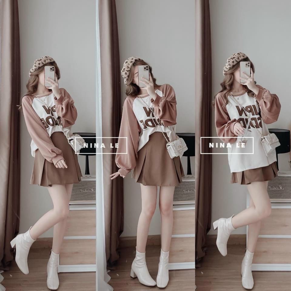 Set áo thun tay dài mix với chân váy tone màu siêu xinh thời trang nữ thích hợp với các nàng teen đi dự tiệc, đi chơi