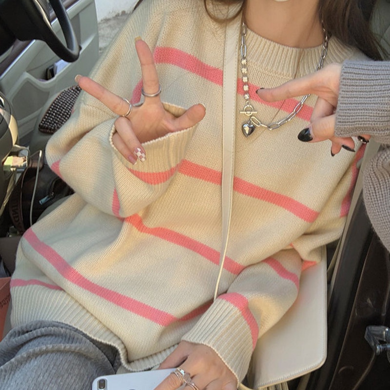 Áo len tay dài dáng rộng kẻ sọc ngang trẻ trung hợp thời trang