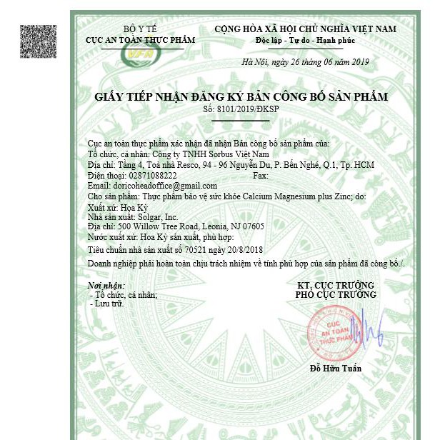 Thực Phẩm Bảo Vệ Sức Khỏe CALCIUM MAGNESIUM PLUS ZINC SOLGAR 100 viên | Thế Giới Skin Care