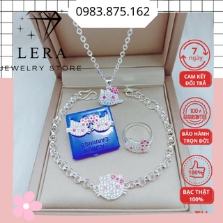 Bộ trang sức bạc bé gái mèo kitty hồng, dây chuyền, nhẫn, bông, lắc tay bé gái tại trang sức Lera