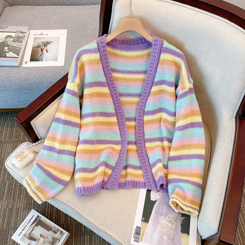 Áo Khoác cardigan Dệt Kim Tay Dài Dáng Rộng Kẻ Sọc Màu Sắc Cầu Vồng Xinh Xắn Cho Nữ