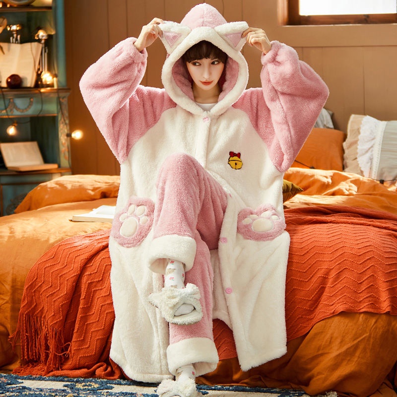 Bộ Đồ Ngủ Tay Dài Chất Nỉ Dày Dặn Thời Trang Thu Đông Dễ Thương Cho Nữ | BigBuy360 - bigbuy360.vn