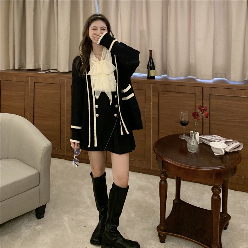 Áo khoác cardigan dày sọc đen trắng có túi Qiukan, Áo khoác len nữ dài tay form rộng phong cách Hàn Quốc