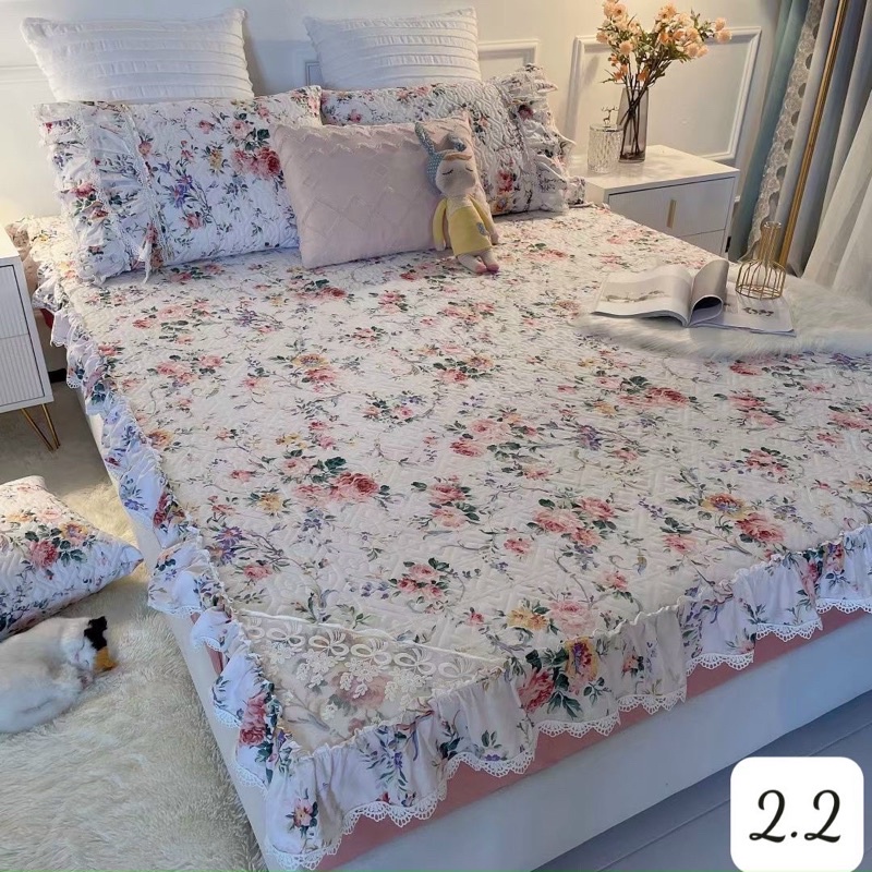 Bộ thảm ga giường kèm 2 vỏ gối cotton phối bèo công chúa siêu xinh, mẫu mới nhất 2022 đủ kích thước