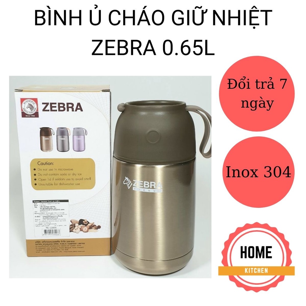 Bình ủ cháo giữ nhiệt Zebra 0.65L. Nhập khẩu Thái Lan. Bình làm bằng inox 304 an toàn cho sức khỏe. Bảo hành 1 đổi 1