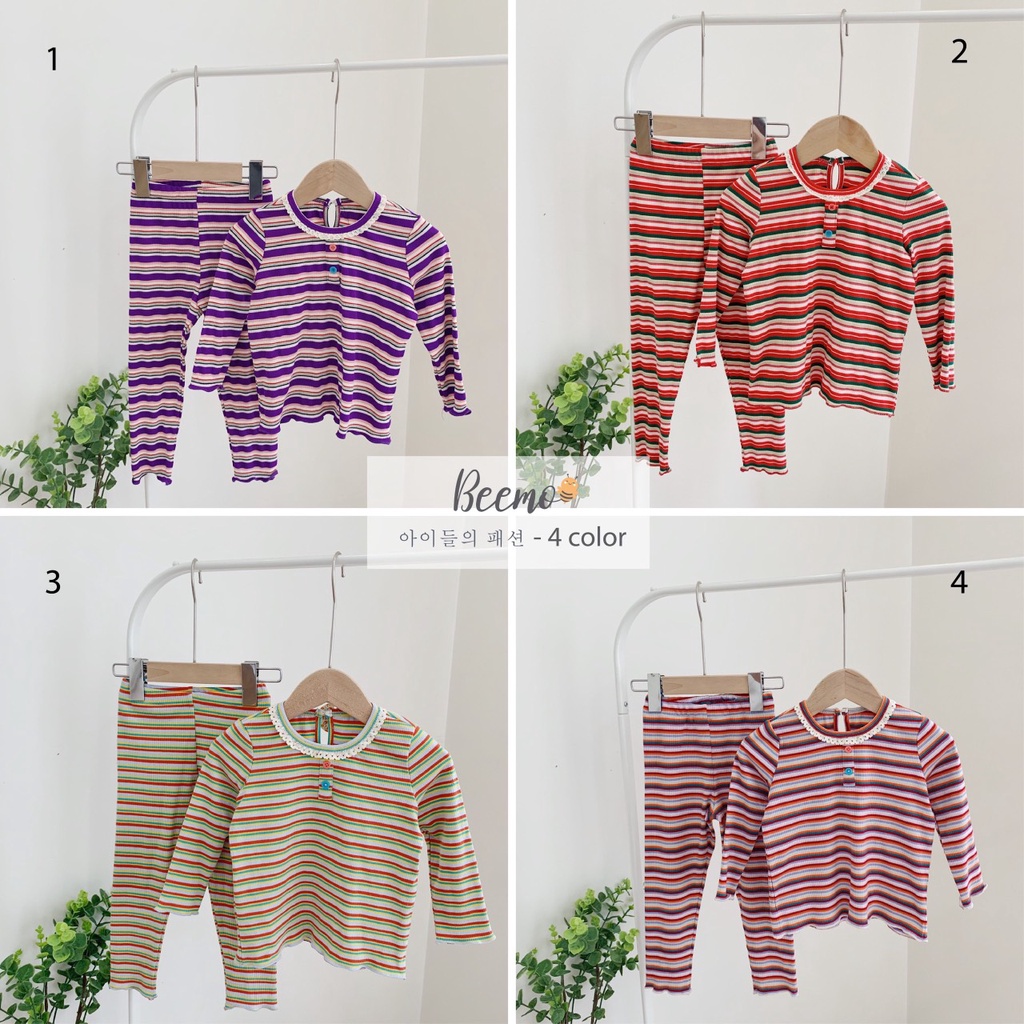 Bộ cotton kẻ ngang cá tính cho bé gái, bộ thu đông dài tay