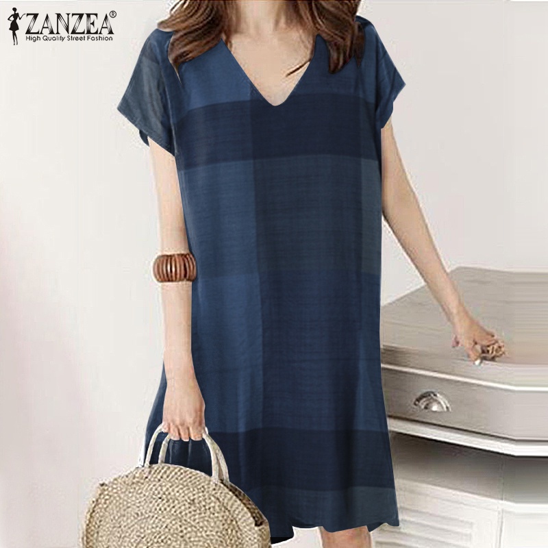 Đầm ngắn ZANZEA cổ chữ V không tay họa tiết caro phong cách vintage giản dị dành cho nữ