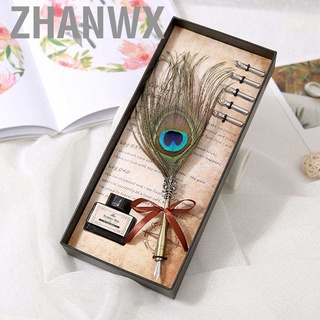 zhanwx Bộ Bút Lông Chim Công Kèm 5 Ngòi Bút Dùng Viết Chữ Thư Pháp