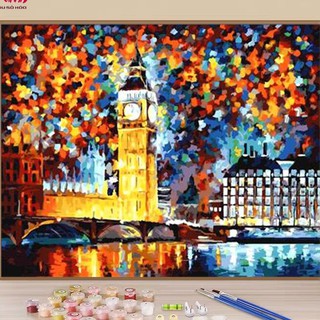 (Loại khung dày 2.5cm) Tranh sơn dầu số hóa DP4022 Đồng Hồ Big Ben size 40x50 đã đăng khung và đầy đủ phụ kiện, phủ bóng