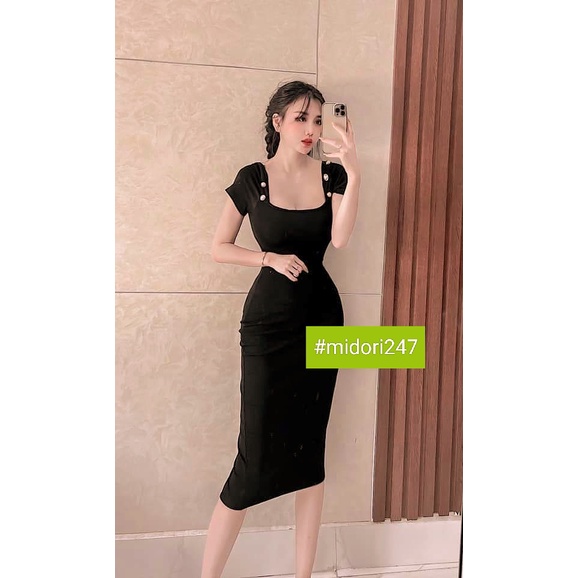 Đầm ôm body cổ vuông có nút vai tay ngắn chất thun lên form ôm dáng cực kì, váy body nữ tay ngắn form dài MIDORI247