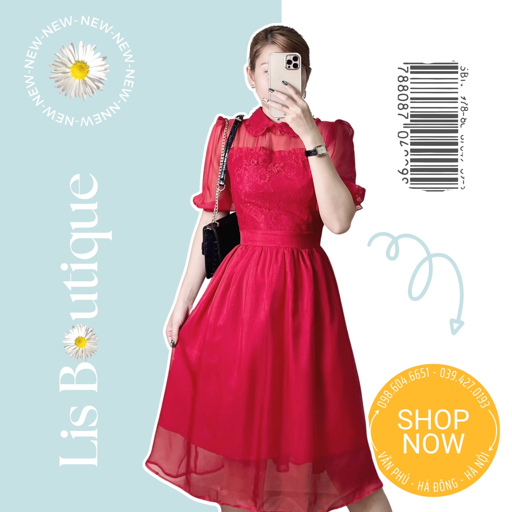 Đầm ren đỏ xòe pha voan, váy nữ xòe ren sang chảnh đi tiệc phong cách Hàn Quốc Lis Boutique