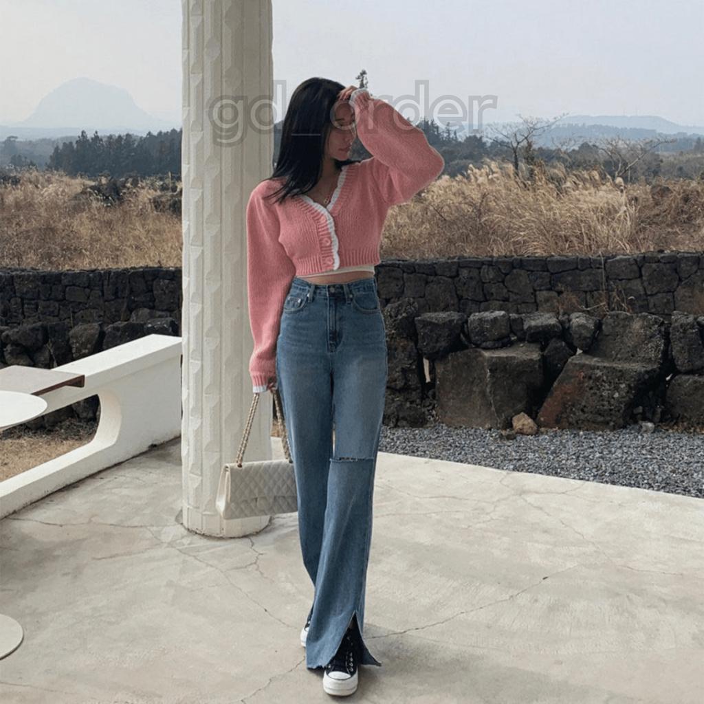 Q10|Quần jeans bò nữ ống rộng lưng cao rách gối hàn quốc basic dễ mặc đi học, đi chơi gd_order