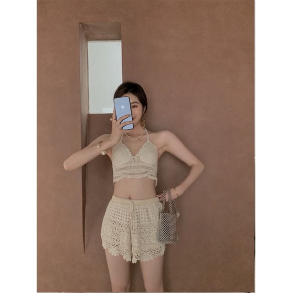 Bikini Len Đi Biển, Set Ren 3 Món Quảng Châu Đan Ngực Vivi Shop