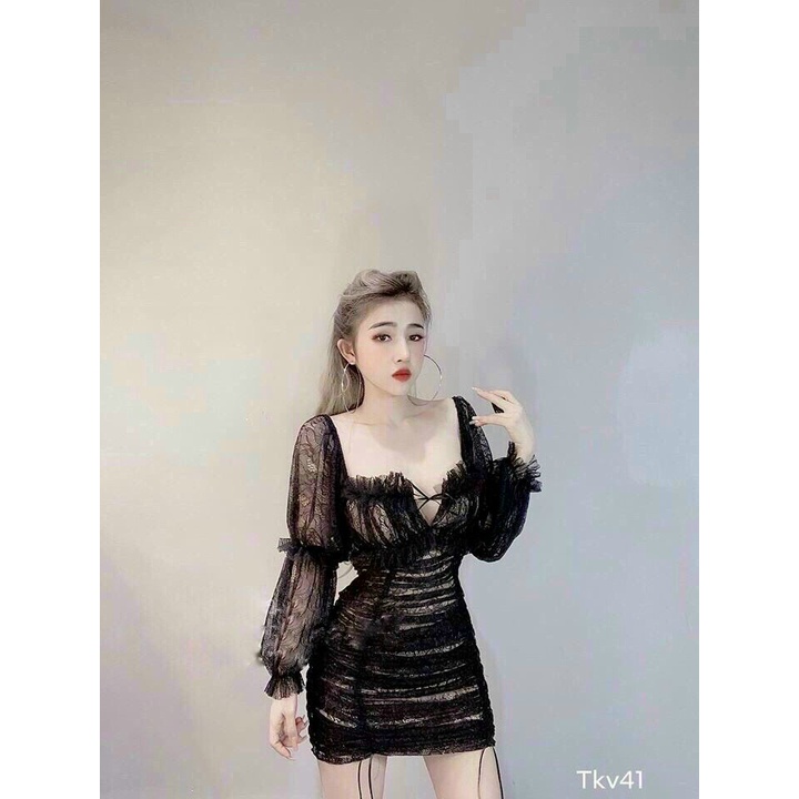 Đầm Body ⚡𝙎𝙄𝙀̂𝙐 𝙎𝘼𝙇𝙀⚡ Đầm Ôm Nữ Tay Dài Phối Ren 2 Lớp Thời Trang - 75137