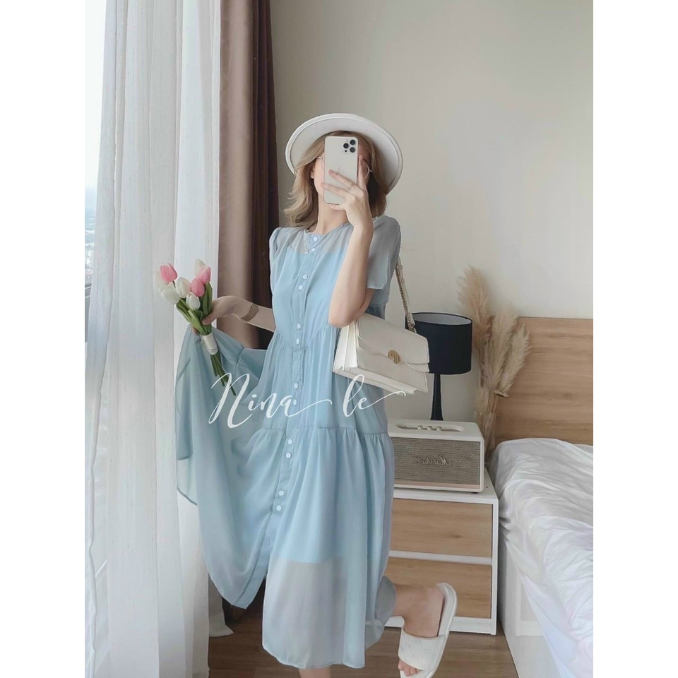 Đầm Nữ Thời Trang Mặc Đi Chơi, Đầm Chifon Lót Cotton Tay Ngắn Lưới Cổ Tròn Nút Trước Bánh Bèo Xinh Xắn